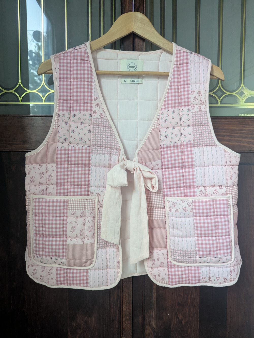 Stoosh Pink Patchwork Quilted Tie-Front Vest with Pockets